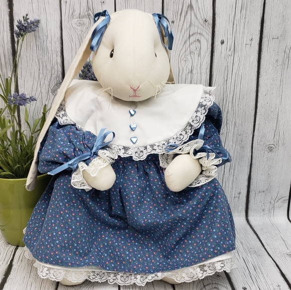 Large Sitting Vintage Handmade Plush Cloth Floppy Ears Bunny Girl Doll - Picture 1 of 14